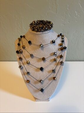 Multi-strand Faceted Bead Necklace and Bracelet Set - Gold and Black Tones